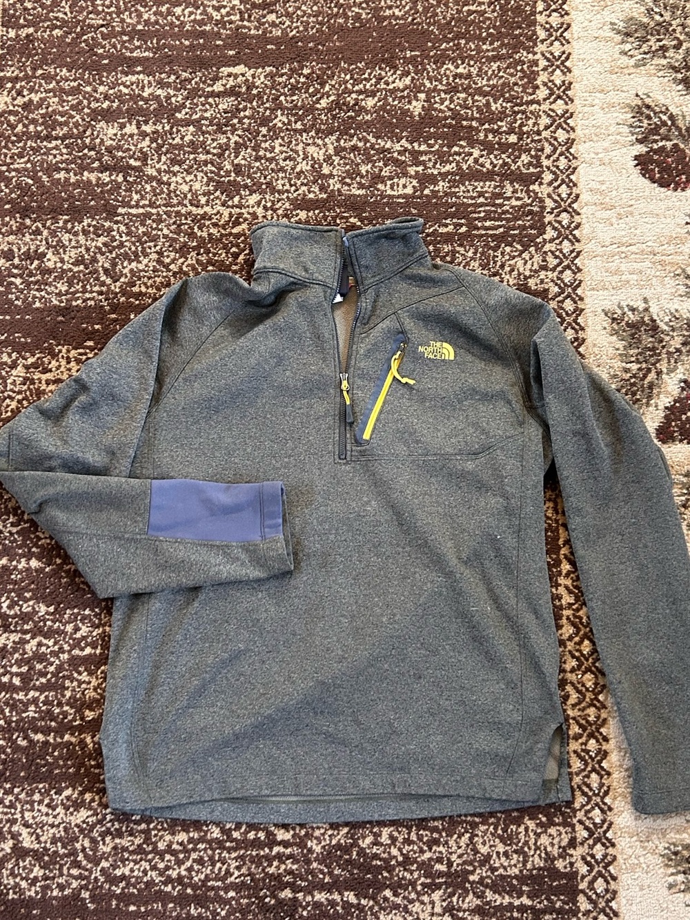 The North Face Olive Gray Fleece Quarter-Zip with Yellow Trim